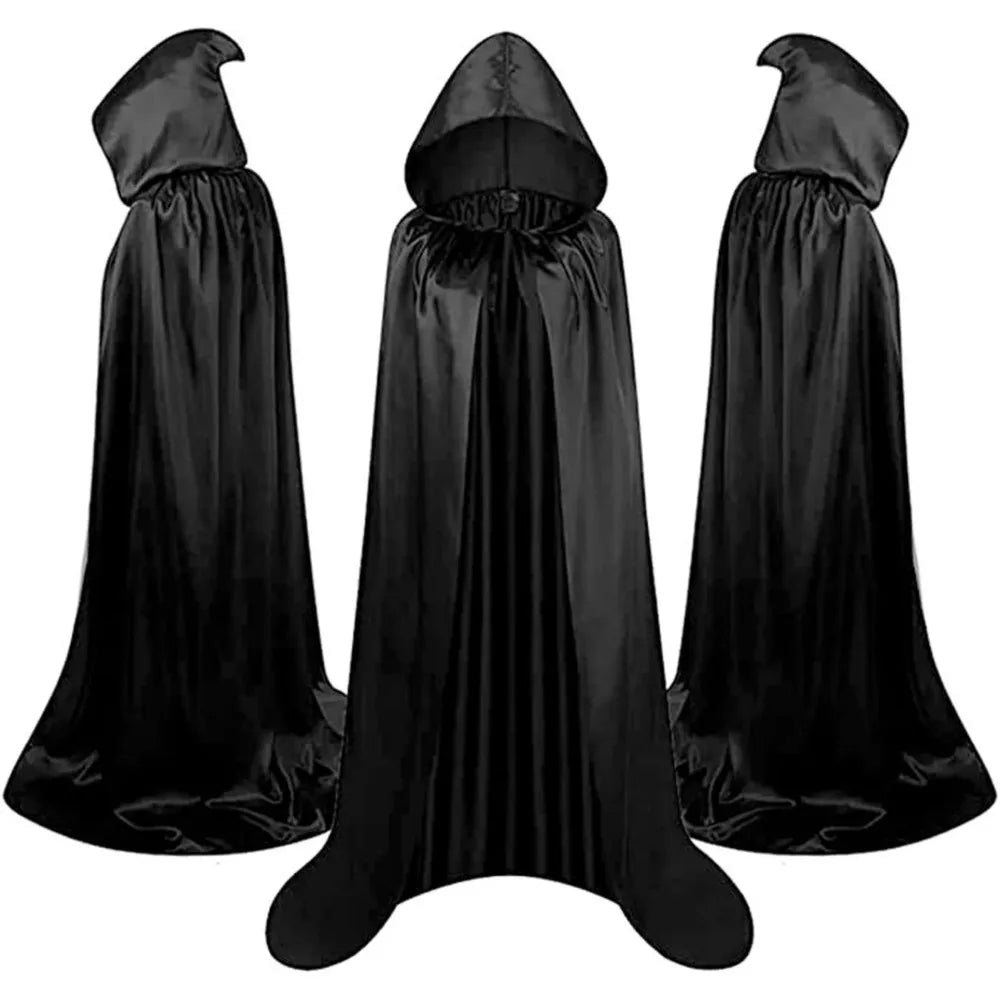 Cape d’Halloween noire à capuche unisexe – Cape longue de sorcière douce pour déguisement, cosplay et fête